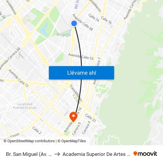 Br. San Miguel (Av. NQS - Cl 65) to Academia Superior De Artes De Bogota - Asab map