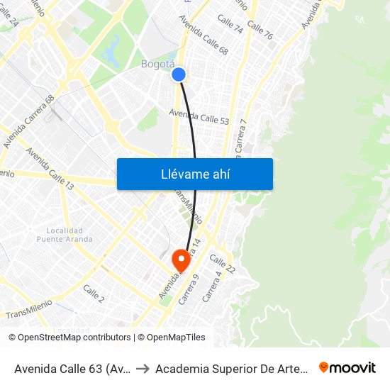 Avenida Calle 63 (Av. NQS - Ac 63) to Academia Superior De Artes De Bogota - Asab map