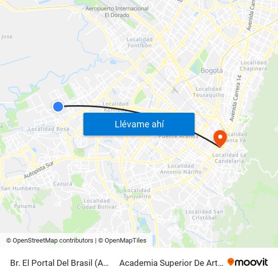 Br. El Portal Del Brasil (Av. Tintal - Cl 54g Sur) to Academia Superior De Artes De Bogota - Asab map