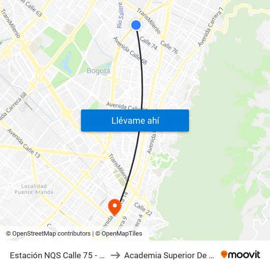 Estación NQS Calle 75 - Zona M (Av. NQS - Cl 75) to Academia Superior De Artes De Bogota - Asab map