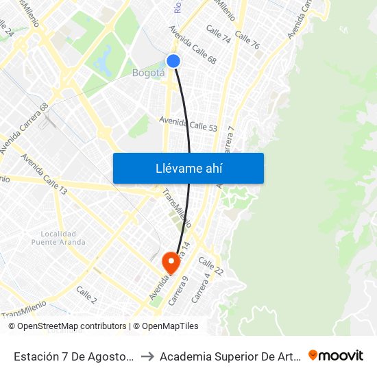 Estación 7 De Agosto (Av. NQS - Cl 63f) to Academia Superior De Artes De Bogota - Asab map
