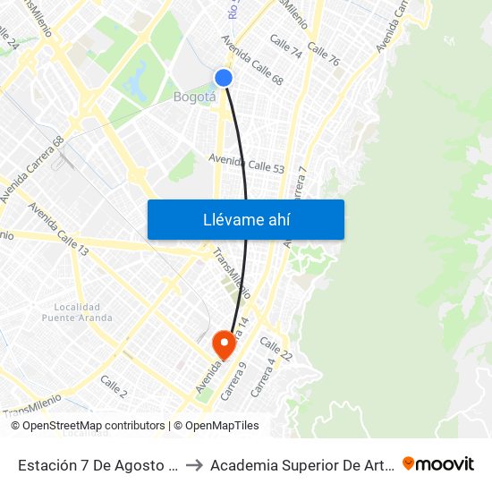 Estación 7 De Agosto (Av. NQS - Cl 63g) to Academia Superior De Artes De Bogota - Asab map