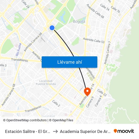 Estación Salitre - El Greco (Ac 26 - Kr 66) to Academia Superior De Artes De Bogota - Asab map