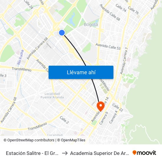 Estación Salitre - El Greco (Ac 26 - Ak 68) to Academia Superior De Artes De Bogota - Asab map