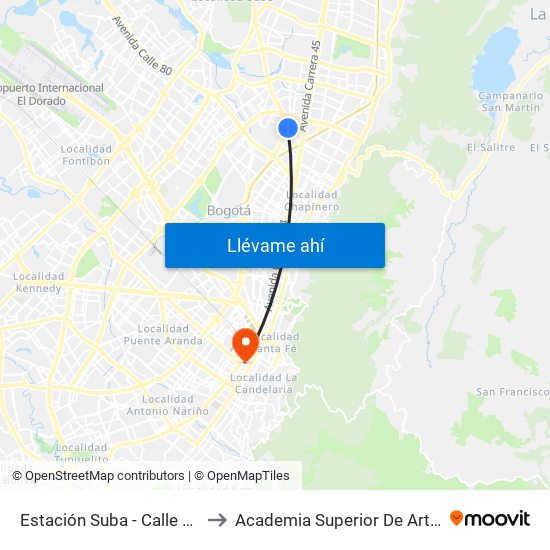 Estación Suba - Calle 95 (Ak 55 - Cl 94c) to Academia Superior De Artes De Bogota - Asab map