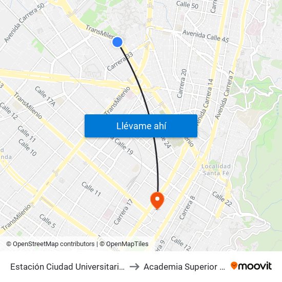 Estación Ciudad Universitaria - Lotería De Bogotá (Ac 26 - Kr 36) to Academia Superior De Artes De Bogota - Asab map