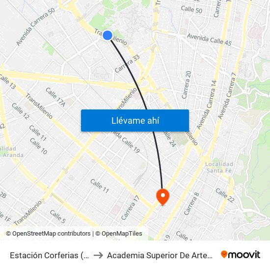 Estación Corferias (Ac 26 - Kr 39) to Academia Superior De Artes De Bogota - Asab map