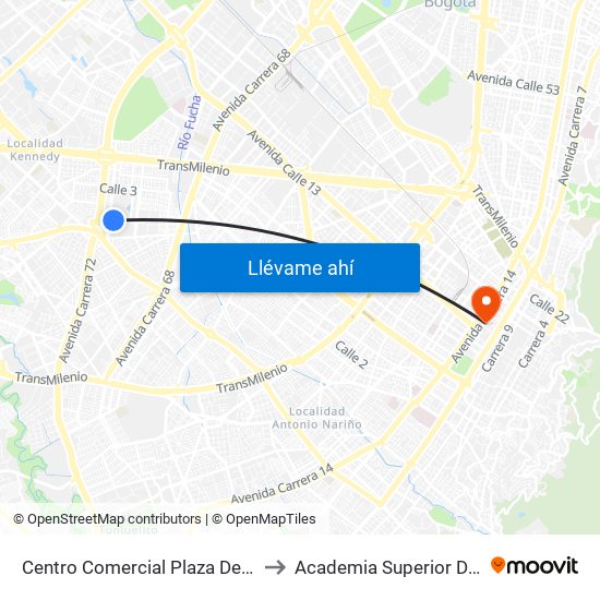 Centro Comercial Plaza De Las Américas (Cl 3 Sur - Kr 71) to Academia Superior De Artes De Bogota - Asab map