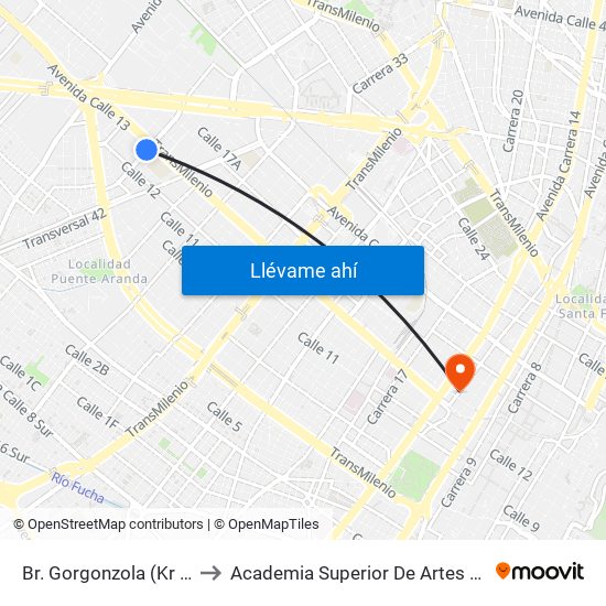 Br. Gorgonzola (Kr 43 - Cl 12b) to Academia Superior De Artes De Bogota - Asab map
