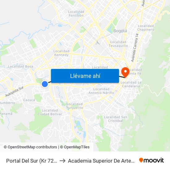 Portal Del Sur (Kr 72d - Cl 57k Sur) to Academia Superior De Artes De Bogota - Asab map