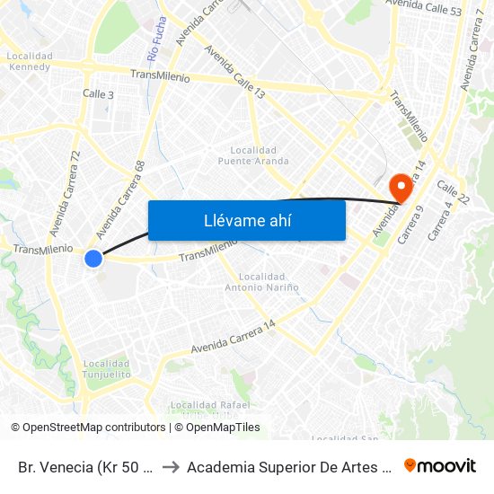 Br. Venecia (Kr 50 - Dg 45 Sur) to Academia Superior De Artes De Bogota - Asab map