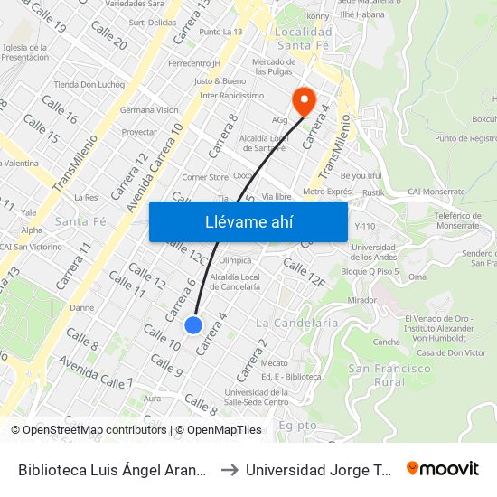Biblioteca Luis Ángel Arango  (Kr 5 - Cl 11) to Universidad Jorge Tadeo Lozano map