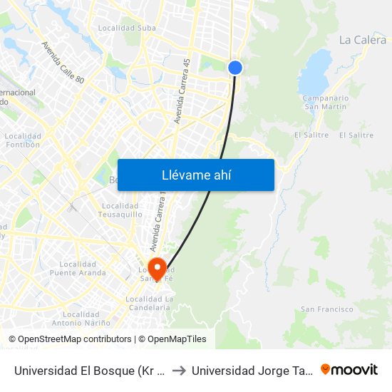 Universidad El Bosque (Kr 7 Bis - Cl 131) to Universidad Jorge Tadeo Lozano map