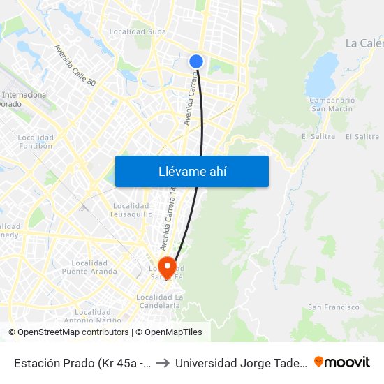 Estación Prado (Kr 45a - Cl 128b) to Universidad Jorge Tadeo Lozano map