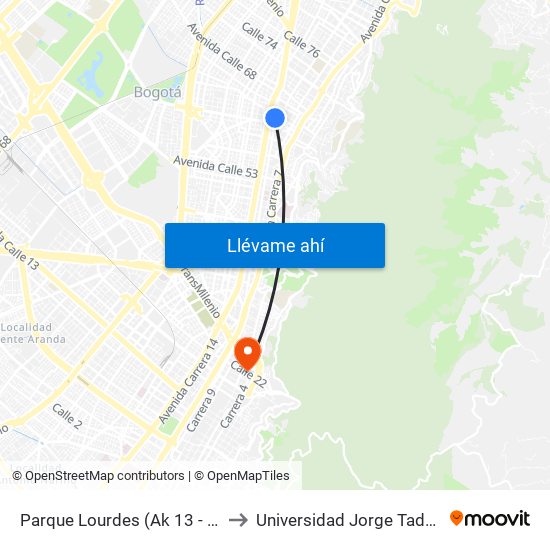 Parque Lourdes (Ak 13 - Cl 63a) (B) to Universidad Jorge Tadeo Lozano map