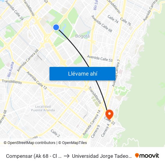 Compensar (Ak 68 - Cl 49) (D) to Universidad Jorge Tadeo Lozano map