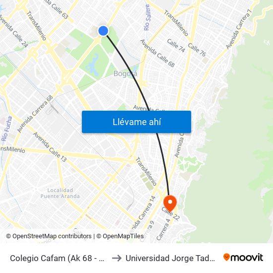 Colegio Cafam (Ak 68 - Cl 64c) (D) to Universidad Jorge Tadeo Lozano map