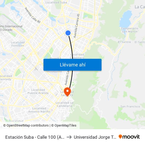 Estación Suba - Calle 100 (Ac 100 - Kr 62) (C) to Universidad Jorge Tadeo Lozano map