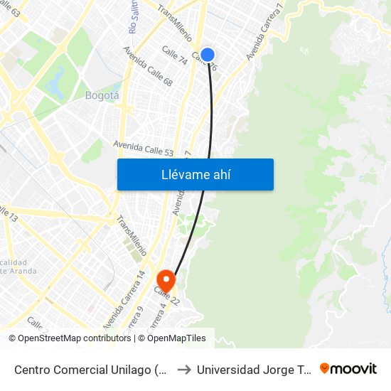 Centro Comercial Unilago (Ak 15 - Cl 77) (B) to Universidad Jorge Tadeo Lozano map