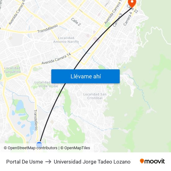 Portal De Usme to Universidad Jorge Tadeo Lozano map