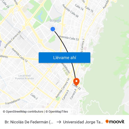 Br. Nicolás De Federmán (Ak 50 - Cl 57b) to Universidad Jorge Tadeo Lozano map