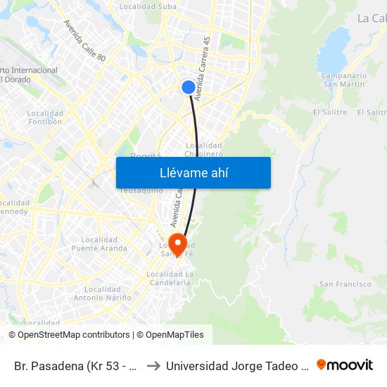 Br. Pasadena (Kr 53 - Cl 102) to Universidad Jorge Tadeo Lozano map