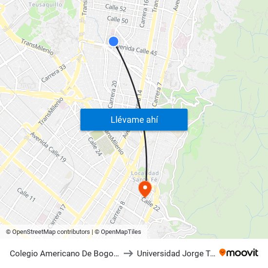 Colegio Americano De Bogotá (Kr 22 - Cl 45a) to Universidad Jorge Tadeo Lozano map