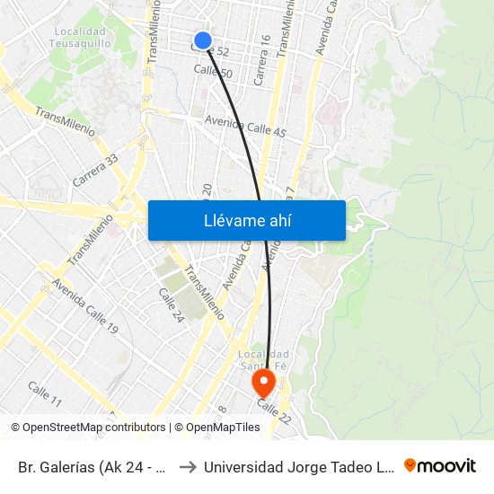 Br. Galerías (Ak 24 - Cl 52) to Universidad Jorge Tadeo Lozano map