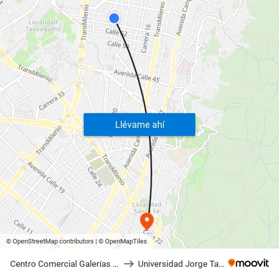 Centro Comercial Galerías (Ak 24 - Ac 53) to Universidad Jorge Tadeo Lozano map