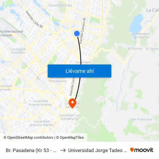 Br. Pasadena (Kr 53 - Cl 107) to Universidad Jorge Tadeo Lozano map