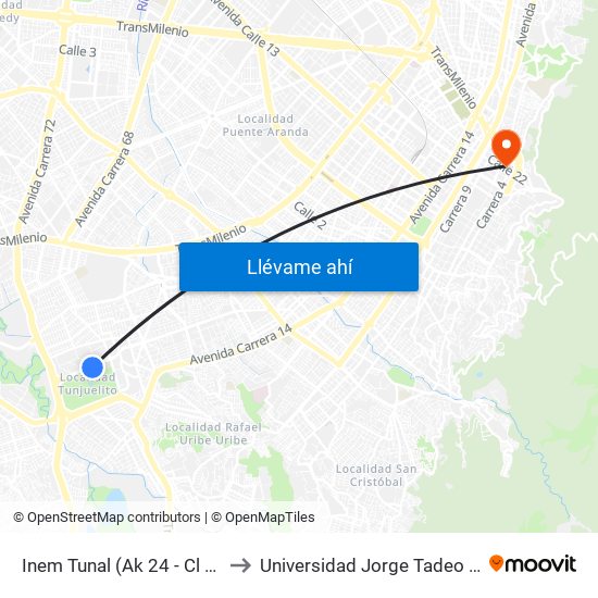 Inem Tunal (Ak 24 - Cl 52 Sur) to Universidad Jorge Tadeo Lozano map