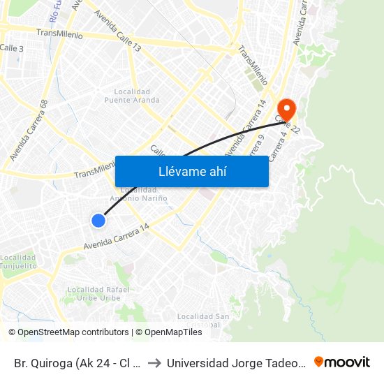 Br. Quiroga (Ak 24 - Cl 31 Sur) to Universidad Jorge Tadeo Lozano map