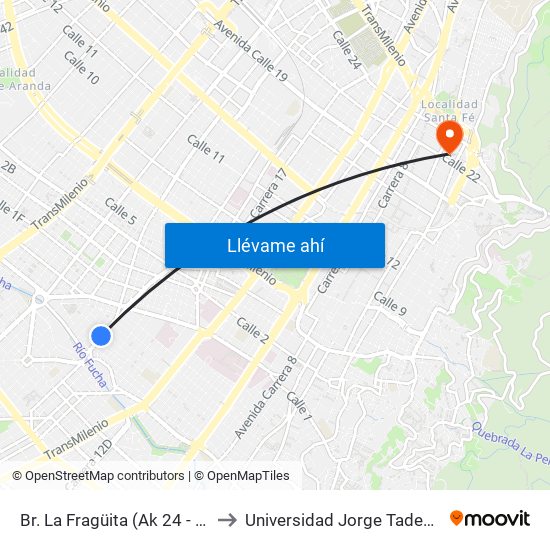 Br. La Fragüita (Ak 24 - Cl 7 Sur) to Universidad Jorge Tadeo Lozano map