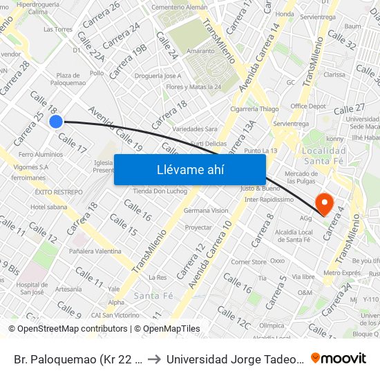 Br. Paloquemao (Kr 22 - Cl 18) to Universidad Jorge Tadeo Lozano map