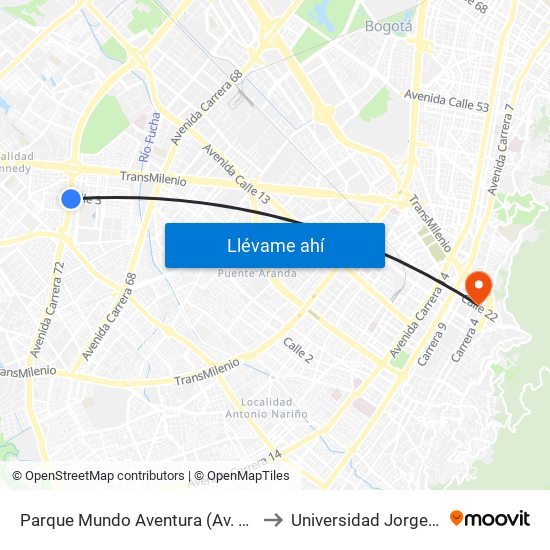 Parque Mundo Aventura (Av. Boyacá - Cl 2a Bis) (A) to Universidad Jorge Tadeo Lozano map