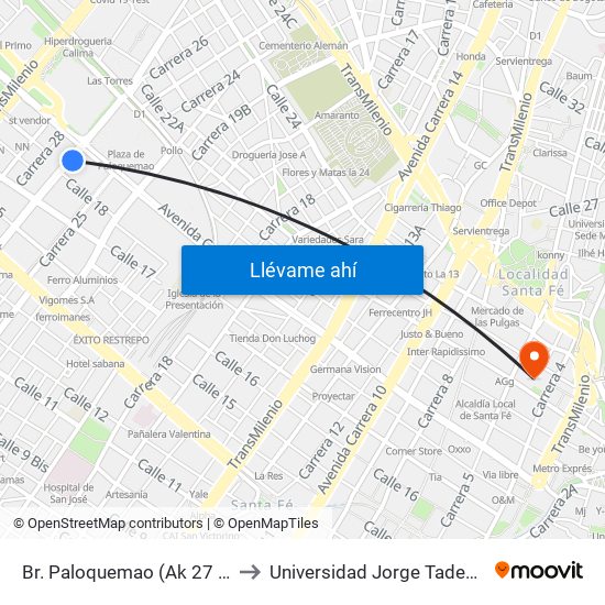 Br. Paloquemao (Ak 27 - Ac 19) to Universidad Jorge Tadeo Lozano map