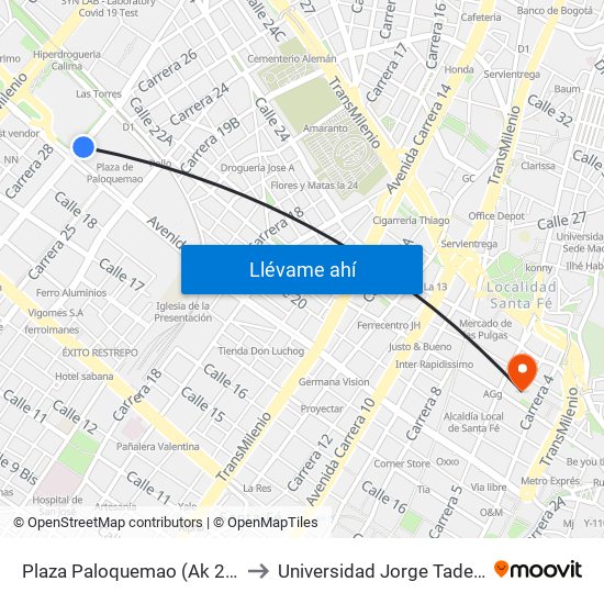 Plaza Paloquemao (Ak 27 - Ac 19) to Universidad Jorge Tadeo Lozano map