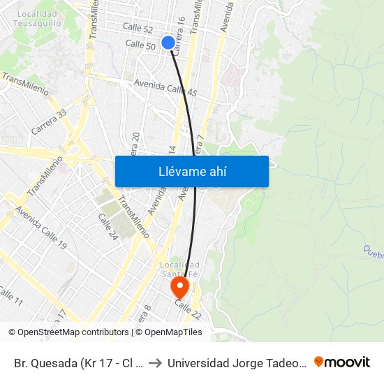 Br. Quesada (Kr 17 - Cl 51) (A) to Universidad Jorge Tadeo Lozano map