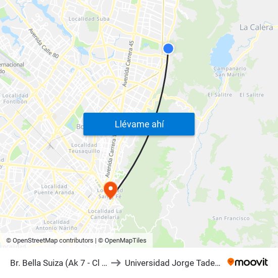 Br. Bella Suiza (Ak 7 - Cl 129) (A) to Universidad Jorge Tadeo Lozano map