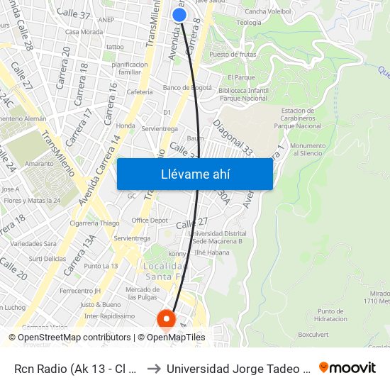 Rcn Radio (Ak 13 - Cl 38) (A) to Universidad Jorge Tadeo Lozano map