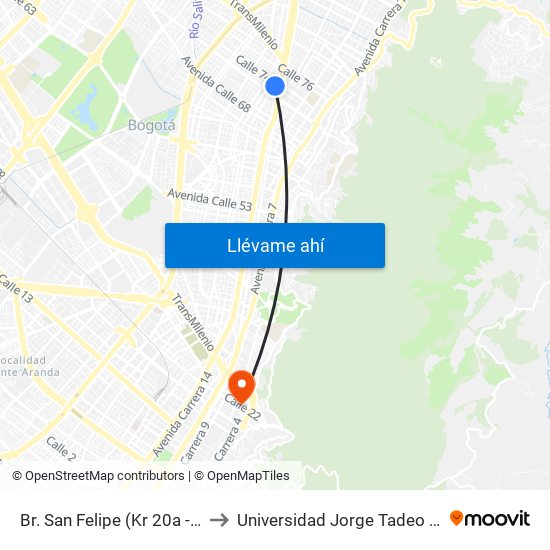 Br. San Felipe (Kr 20a - Cl 74) to Universidad Jorge Tadeo Lozano map