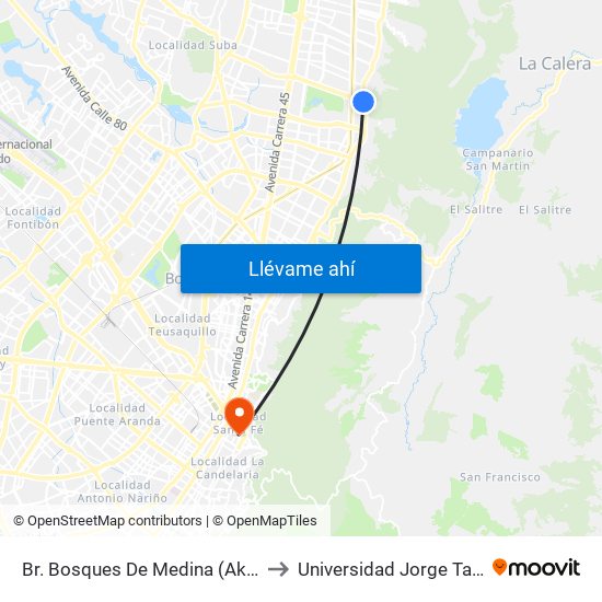 Br. Bosques De Medina (Ak 7 - Cl 132) (A) to Universidad Jorge Tadeo Lozano map