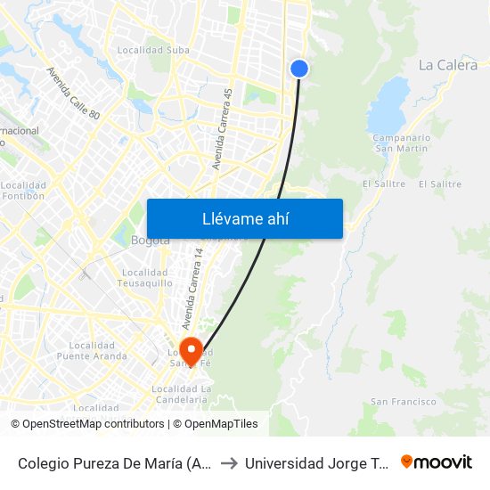 Colegio Pureza De María (Ak 7 - Cl 147) (A) to Universidad Jorge Tadeo Lozano map