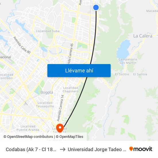 Codabas (Ak 7 - Cl 181a) (A) to Universidad Jorge Tadeo Lozano map