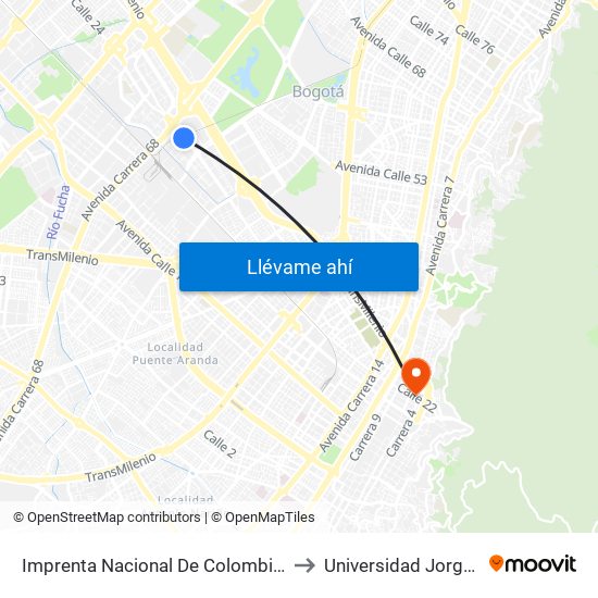 Imprenta Nacional De Colombia (Av. Esperanza - Kr 65) to Universidad Jorge Tadeo Lozano map