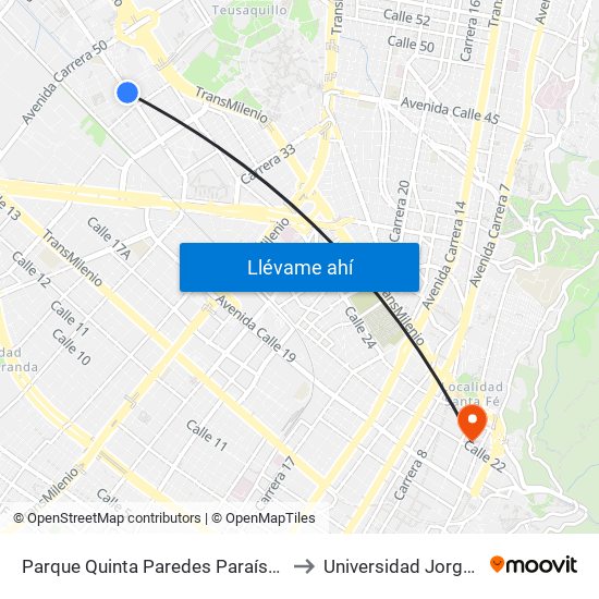 Parque Quinta Paredes Paraíso (Av. Esperanza - Kr 44) to Universidad Jorge Tadeo Lozano map