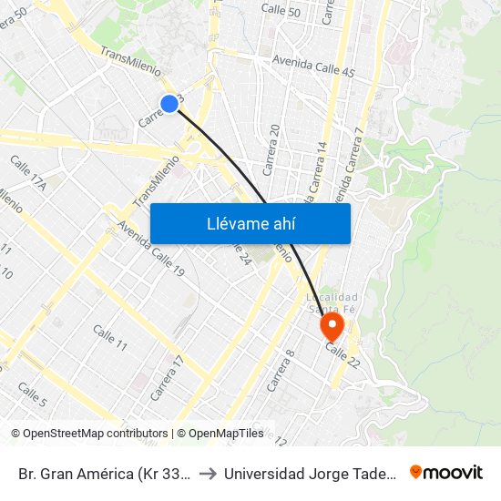 Br. Gran América (Kr 33 - Ac 26) to Universidad Jorge Tadeo Lozano map