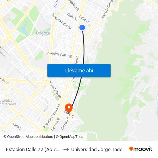 Estación Calle 72 (Ac 72 - Kr 13) to Universidad Jorge Tadeo Lozano map