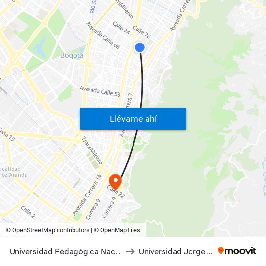 Universidad Pedagógica Nacional (Ac 72 - Ak 11) to Universidad Jorge Tadeo Lozano map