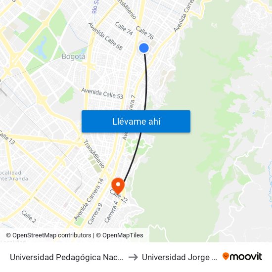 Universidad Pedagógica Nacional (Ac 72 - Ak 11) to Universidad Jorge Tadeo Lozano map